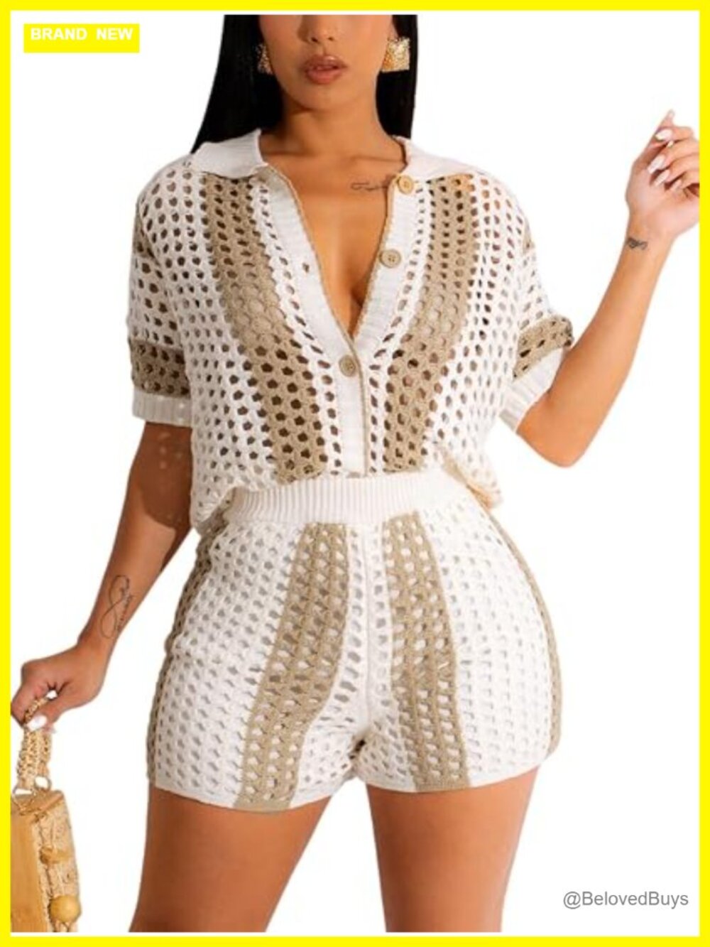 Crochet Beach Cover Up Short Set Women 2 Piece Outfit Button Down Shirt and